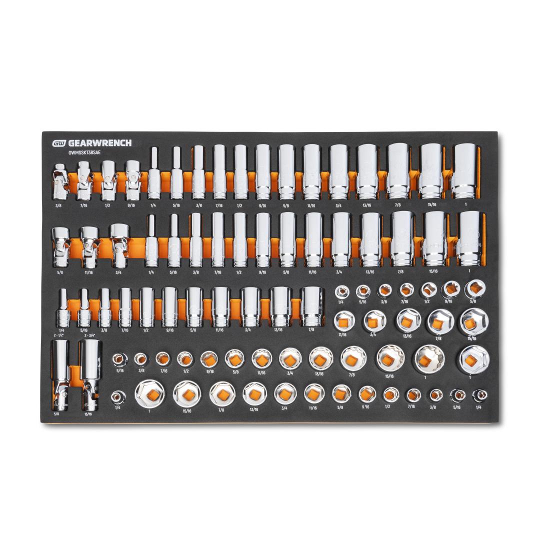 Gearwrench GWMSSKT38SAE 85pc 3/8" Drive Master SAE Socket Set in foam storage tray - top view