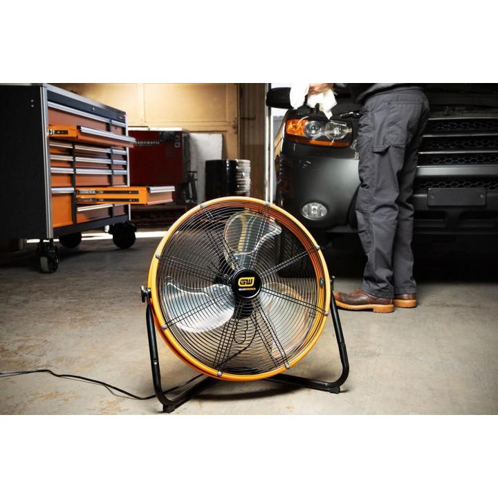 Gearwrench GWSFAN20 20" shop fan in use in a garage workshop