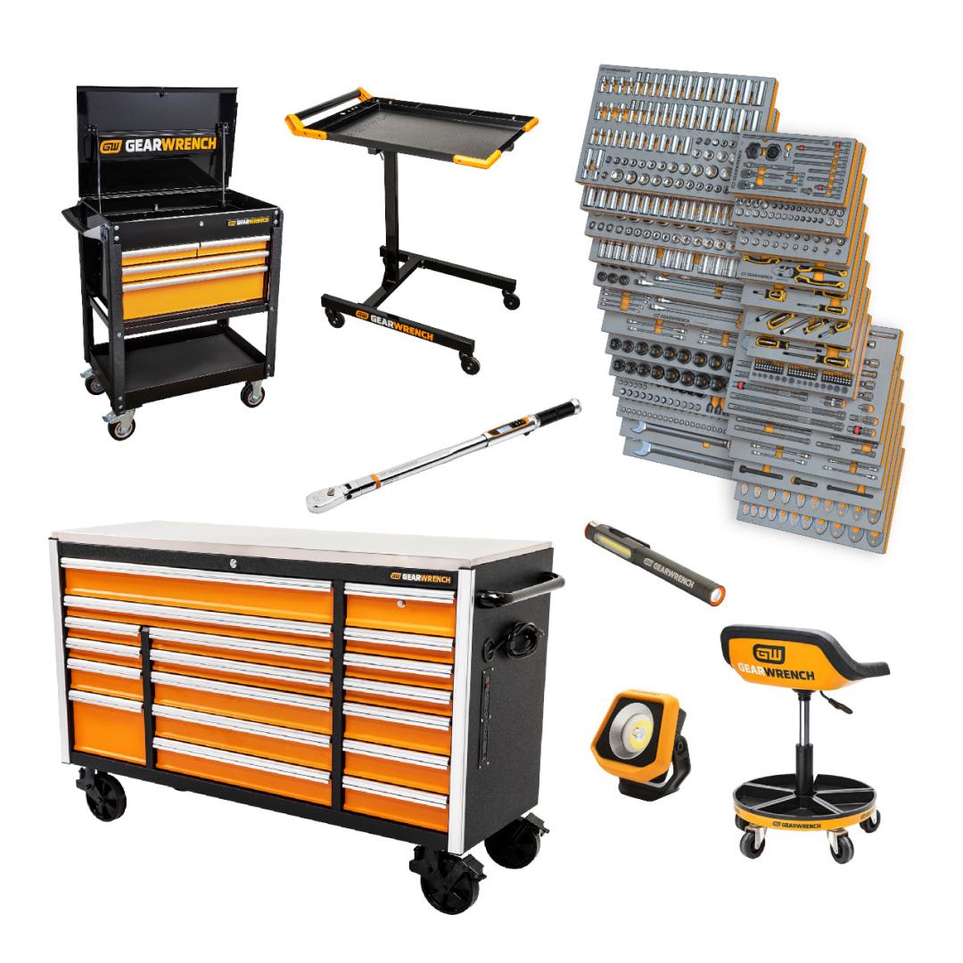 Gearwrench MEGAMOD1268 1268-Piece Master Mechanics Tool Set complete contents including mobile workbench, utility cart, foam trays, and equipment