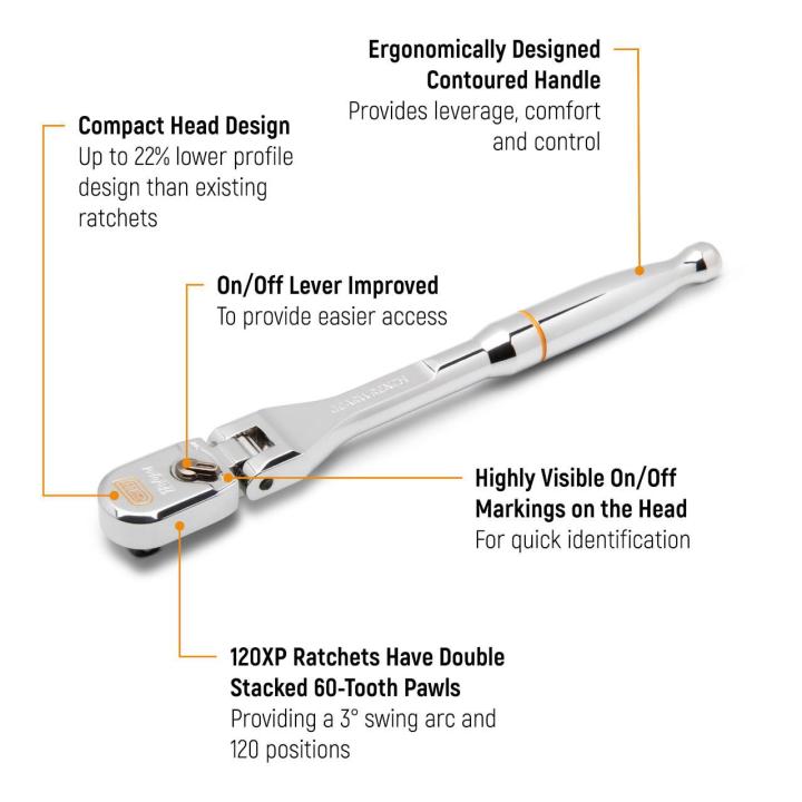 Gearwrench 81306XP 120XP Ratchet feature callout infographic - compact head, ergonomic handle, 60-tooth double-stacked pawls
