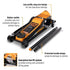 Gearwrench GWLPFJ3T 3.5 Ton Low Profile Floor Jack feature callout infographic highlighting dual piston, rubber saddle, and protected handle