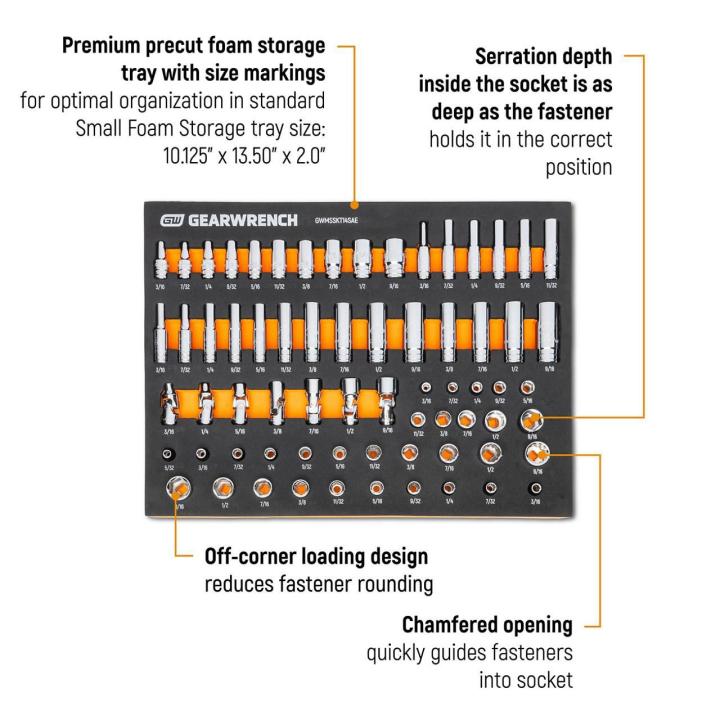 Gearwrench GWMSSKT14SAE 68pc 1/4 in Drive Master SAE Socket Set - feature callout infographic