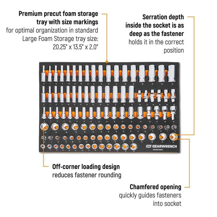 Gearwrench GWMSSKT38MM 104pc 3/8 Drive Master Metric Socket Set - features callout diagram