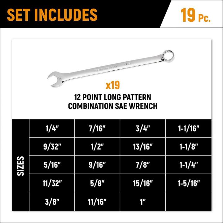 Gearwrench GWMSCWL12SAE 19pc 12-Point Long Pattern Combination SAE Wrench Set