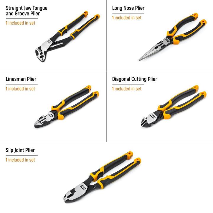 Set contents diagram showing all 5 pieces: Straight Jaw Tongue and Groove Plier, Long Nose Plier, Linesman Plier, Diagonal Cutting Plier, and Slip Joint Plier