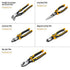 Set contents diagram showing all 5 pieces: Straight Jaw Tongue and Groove Plier, Long Nose Plier, Linesman Plier, Diagonal Cutting Plier, and Slip Joint Plier