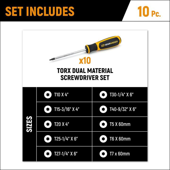 Gearwrench GWMSSCRTX 10pc Torx Dual Material Screwdriver Set - set includes infographic showing all 10 sizes (T5-T40)