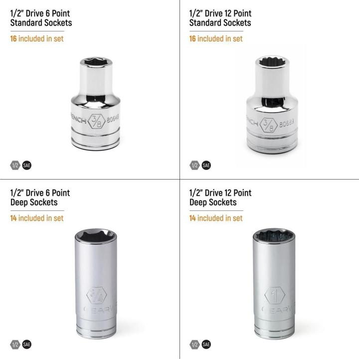 Infographic showing included socket categories: 16 6-point standard, 16 12-point standard, 14 6-point deep, and 14 12-point deep sockets
