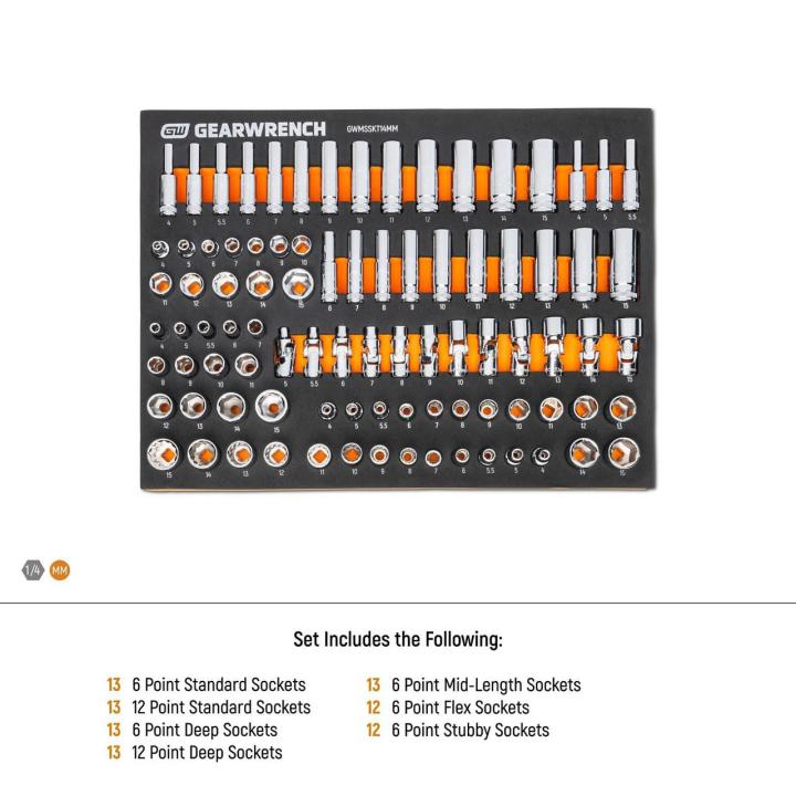 Gearwrench GWMSSKT14MM socket set infographic showing full contents: 13 6-point standard, 13 12-point standard, 13 6-point deep, 13 12-point deep, 13 mid-length, 12 flex, and 12 stubby sockets