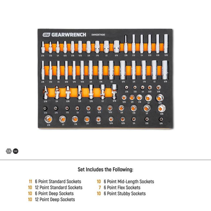 Gearwrench GWMSSKT14SAE 68pc 1/4 in Drive Master SAE Socket Set - contents breakdown diagram