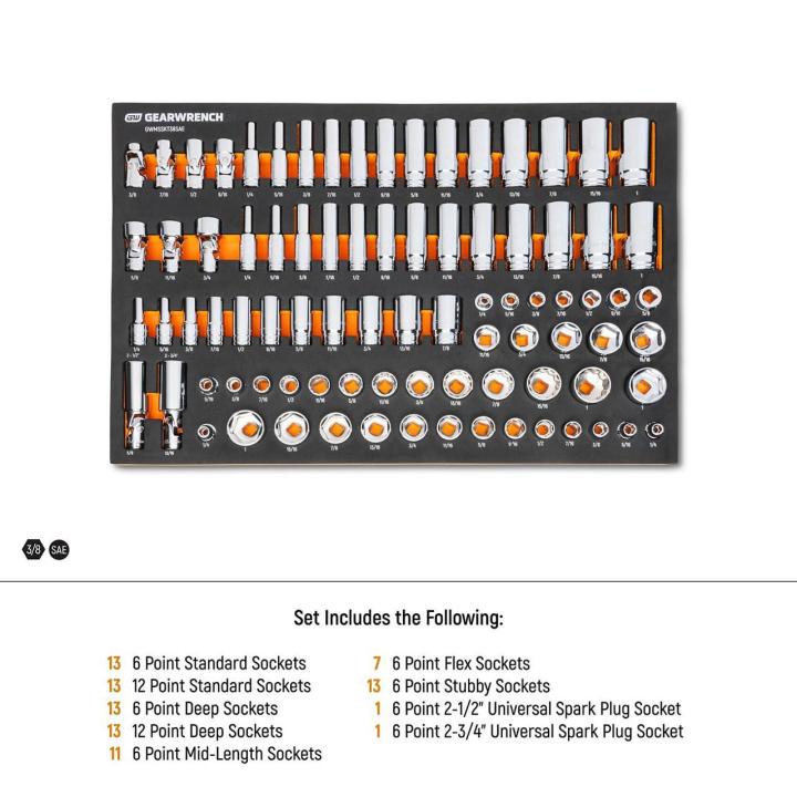 Gearwrench GWMSSKT38SAE 85pc Socket Set contents diagram showing all included pieces
