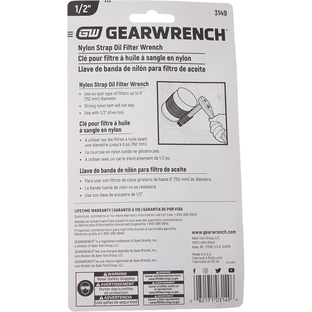 GearWrench 3149 1/2" Drive Nylon Strap Oil Filter Wrench