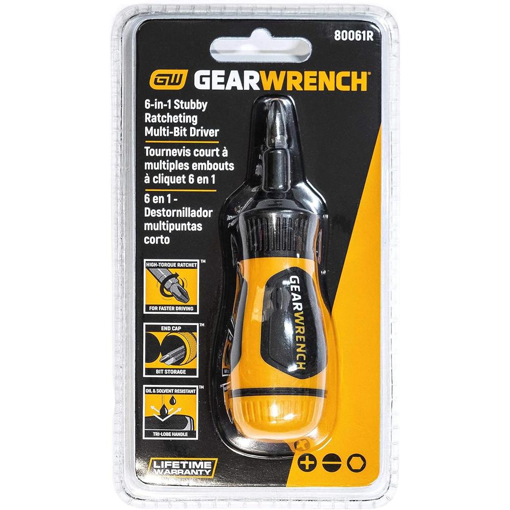 GearWrench 80061R 6-in-1 Stubby Ratcheting Multi-Bit Driver