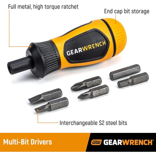GearWrench 80061R 6-in-1 Stubby Ratcheting Multi-Bit Driver