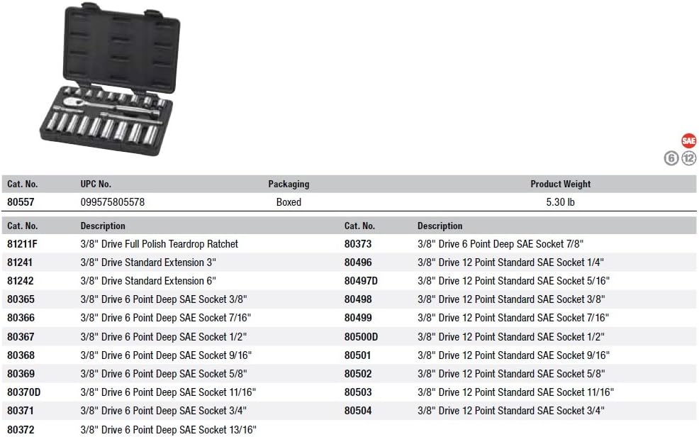 GearWrench 80557 SET SKT SAE STD/DP 3/8DR 6 & 12PT 21PC