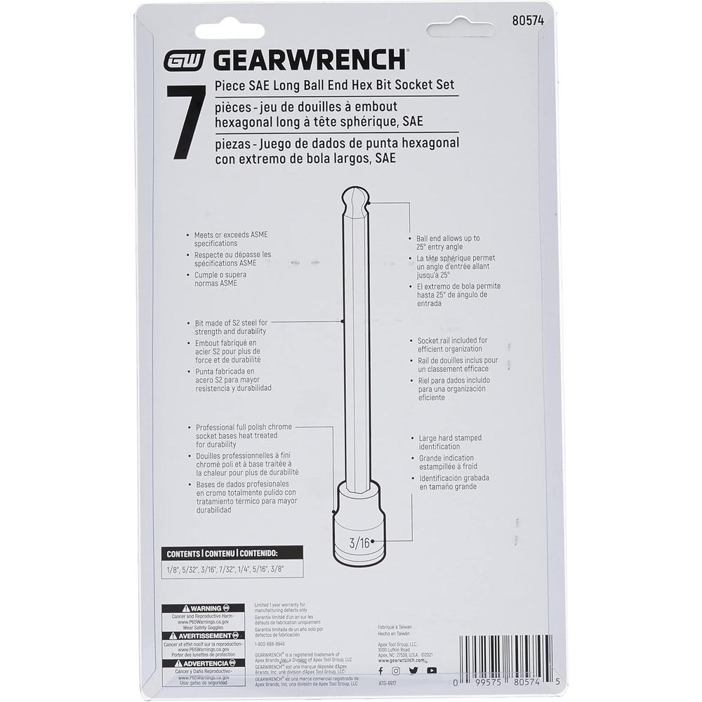 GearWrench 80574 SET SKT HEX BIT BLL SAE 3/8DR