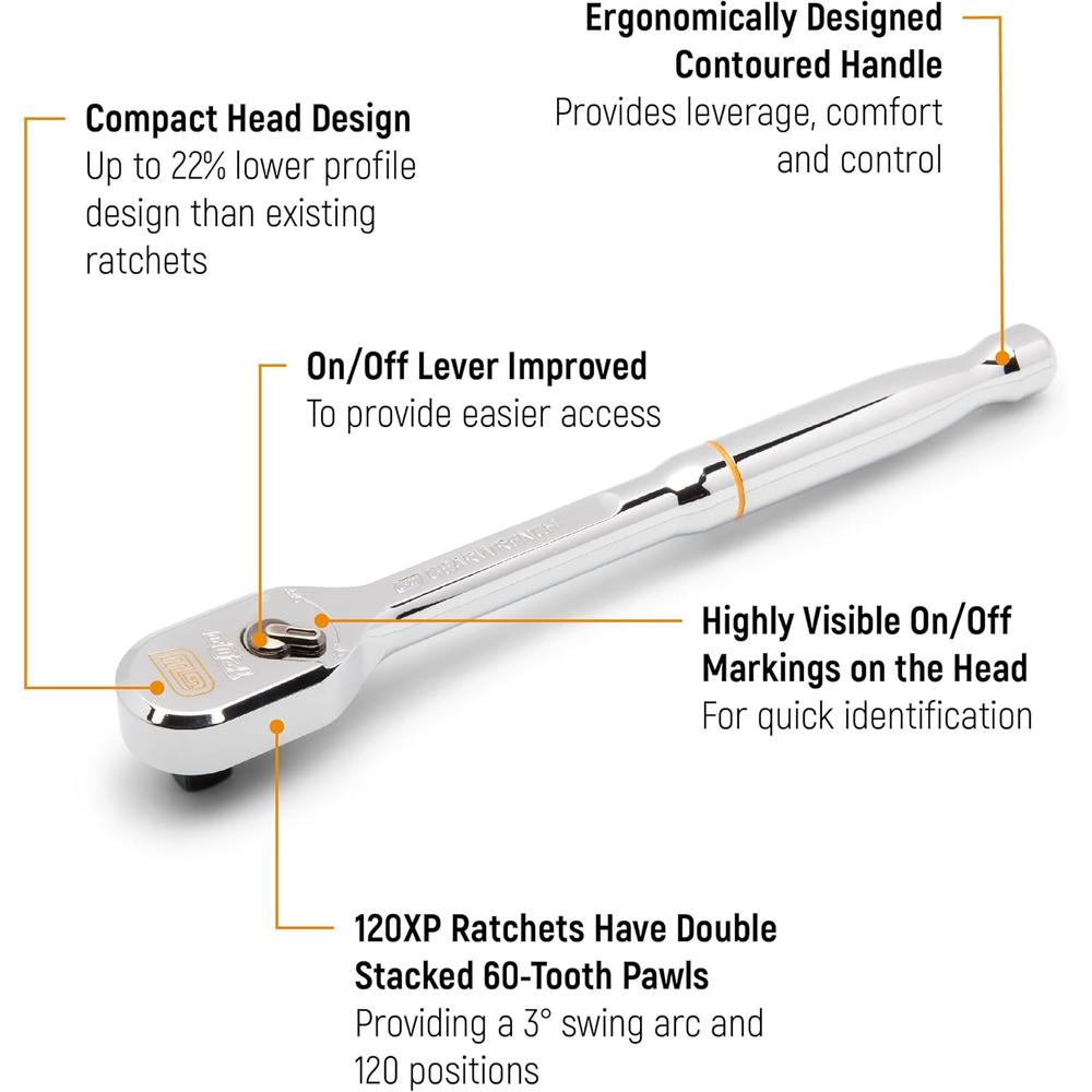 GearWrench 81012XP 1/4 Drive 120XP Full Polish Chrome Flex Head Teardrop Ratchet