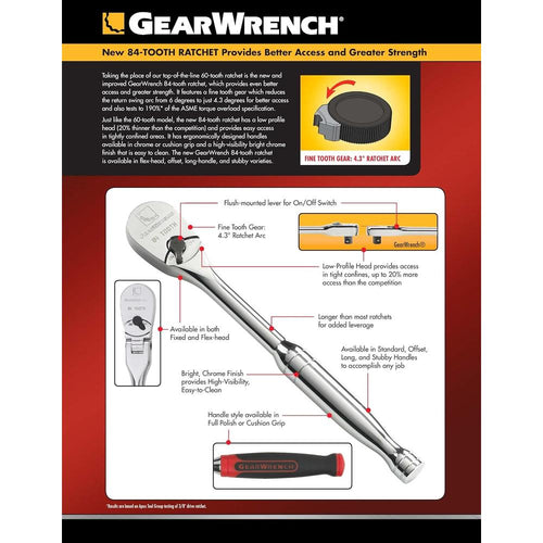 GearWrench 81210F 3/8" Drive 84 Tooth Dual Material Flex Head Teardrop Ratchet, 13"