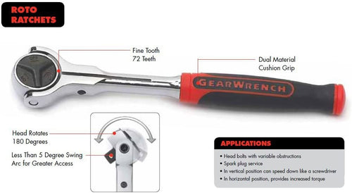 GearWrench 81225 3/8" Drive 72 Tooth Dual Material Roto Ratchet 9-3/4" - MPR Tools & Equipment