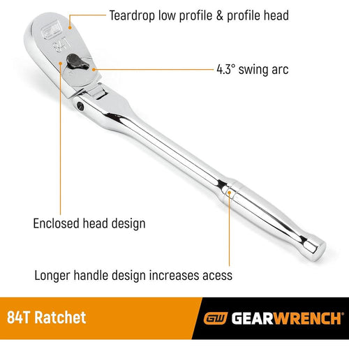 GearWrench 81306F 1/2" Drive 84 Tooth Flex Head Teardrop Ratchet 17"