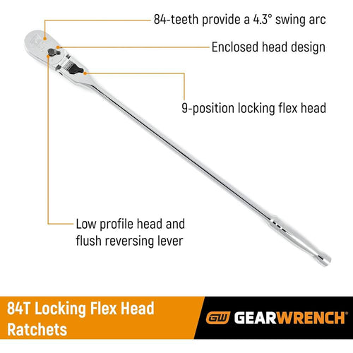 GearWrench 81363 1/2" Drive 84 Tooth Locking Flex Head Teardrop Ratchet 24"