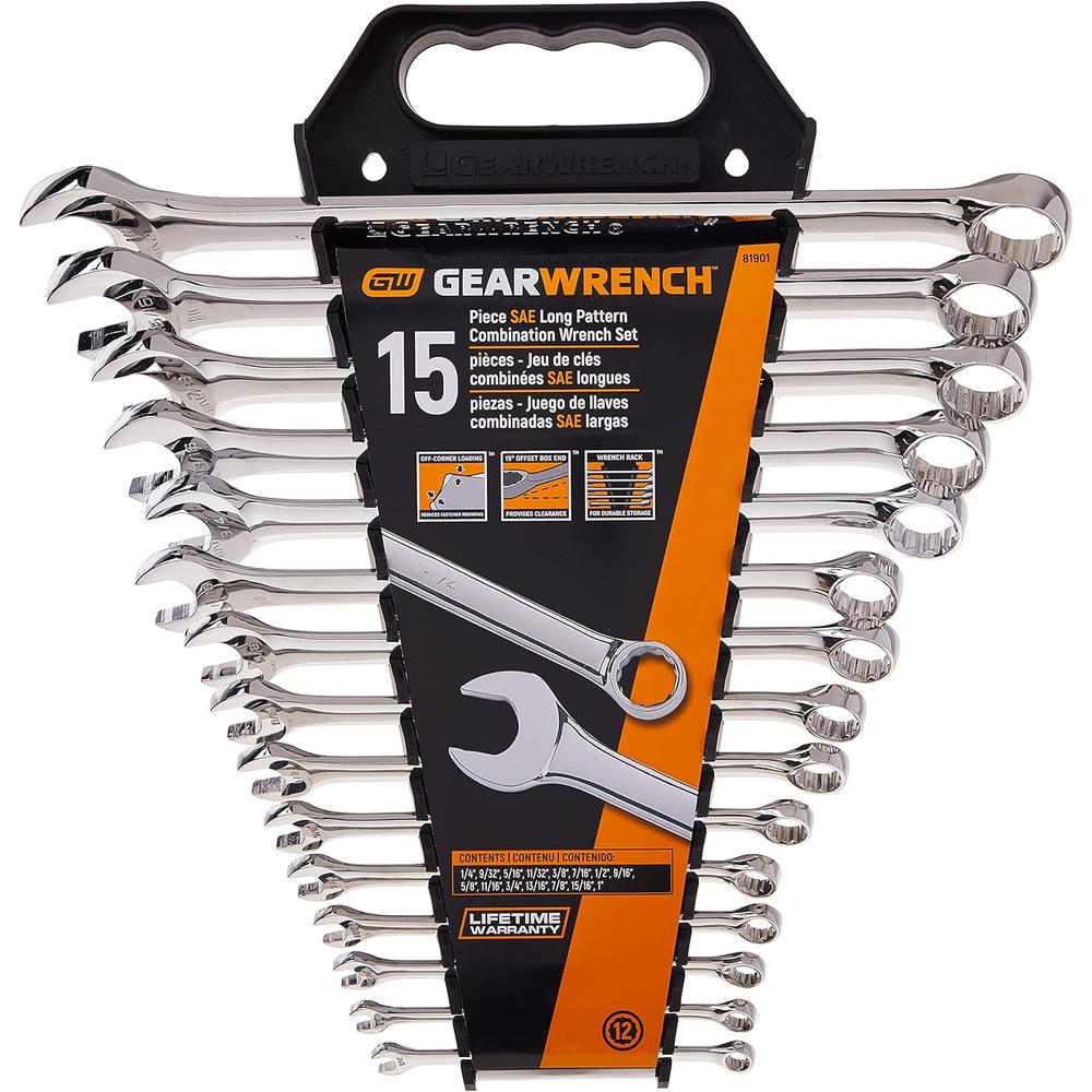 GearWrench 81901 15-Pc. Long Pattern Combination Non-Ratcheting Wrench Set SAE