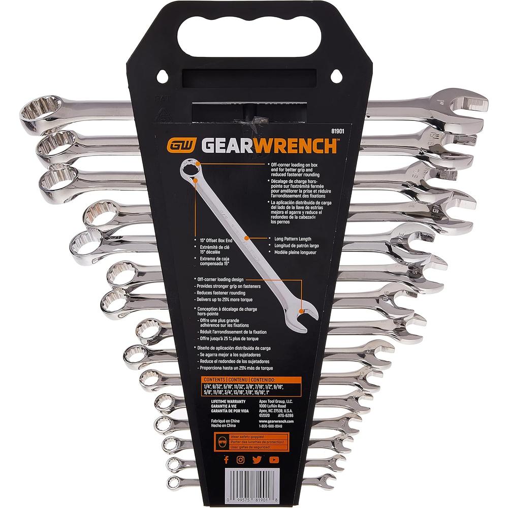 GearWrench 81901 15-Pc. Long Pattern Combination Non-Ratcheting Wrench Set SAE