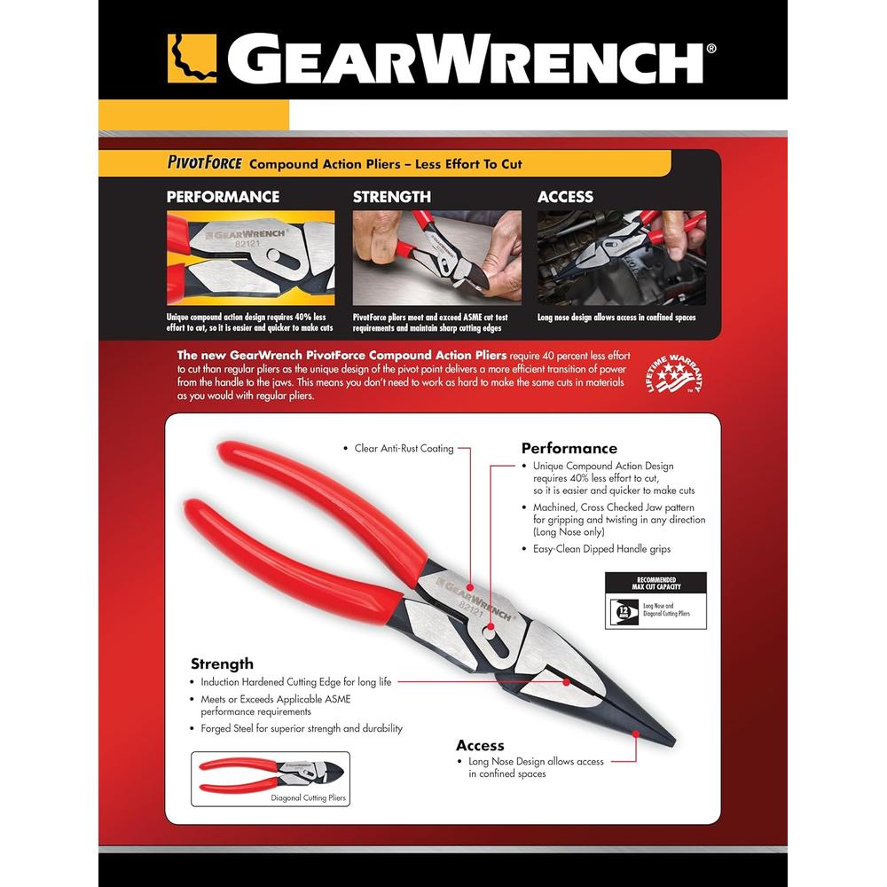 GearWrench 82121 Pivotforce Long Nose Cutting Compound Action Pliers, 8"