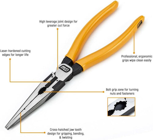 GearWrench 82177 8" LNG NOSE PLIER DIPPED HANDLE