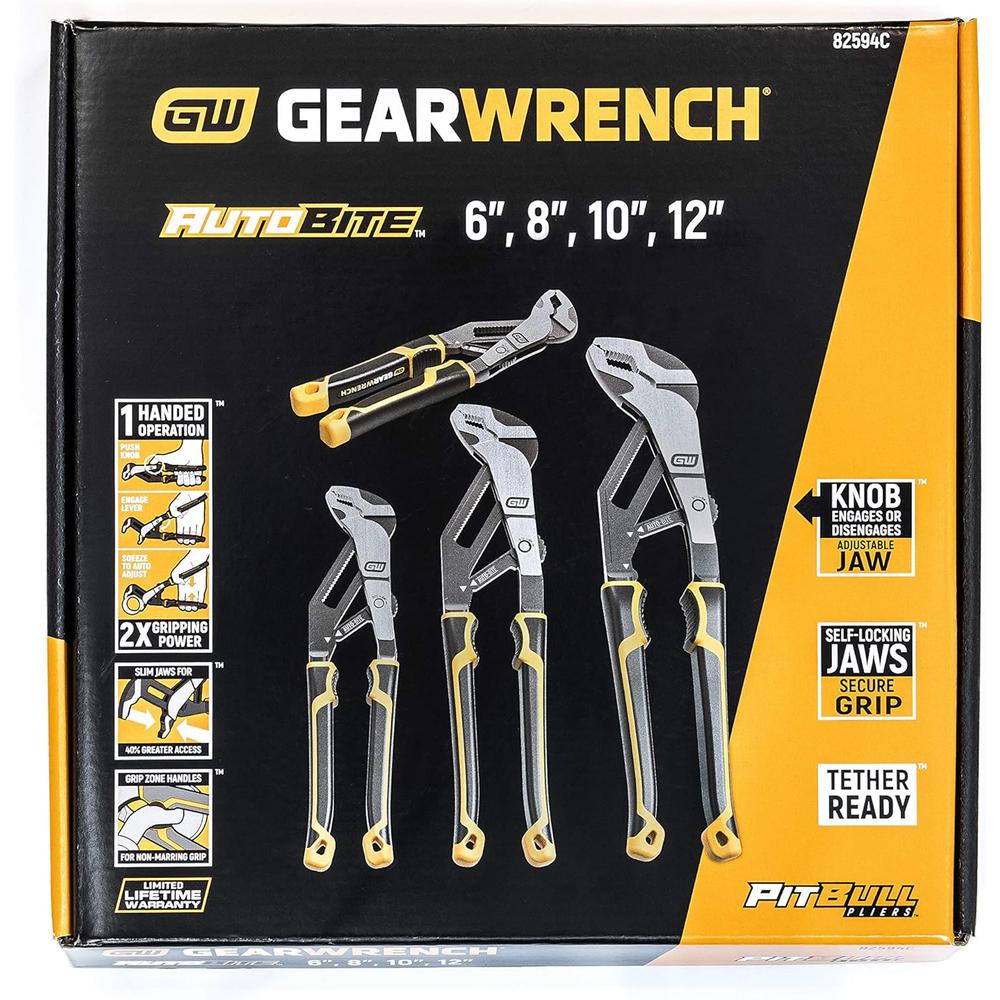 GearWrench 82594C 4-Piece Pitbull Auto-Bite Tongue & Groove Dual Material Pliers Set
