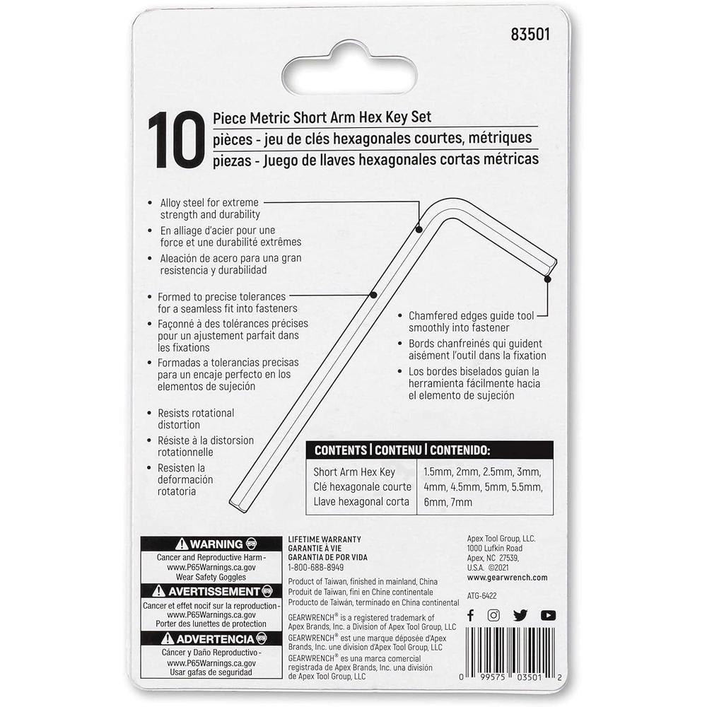 GearWrench 83501 10 Piece Short Arm Metric Hex Key Set