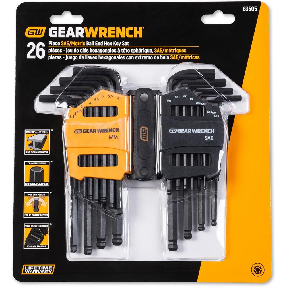 GearWrench 83505 26-Piece SAE/Metric Ball End Long Arm Hex Key Set