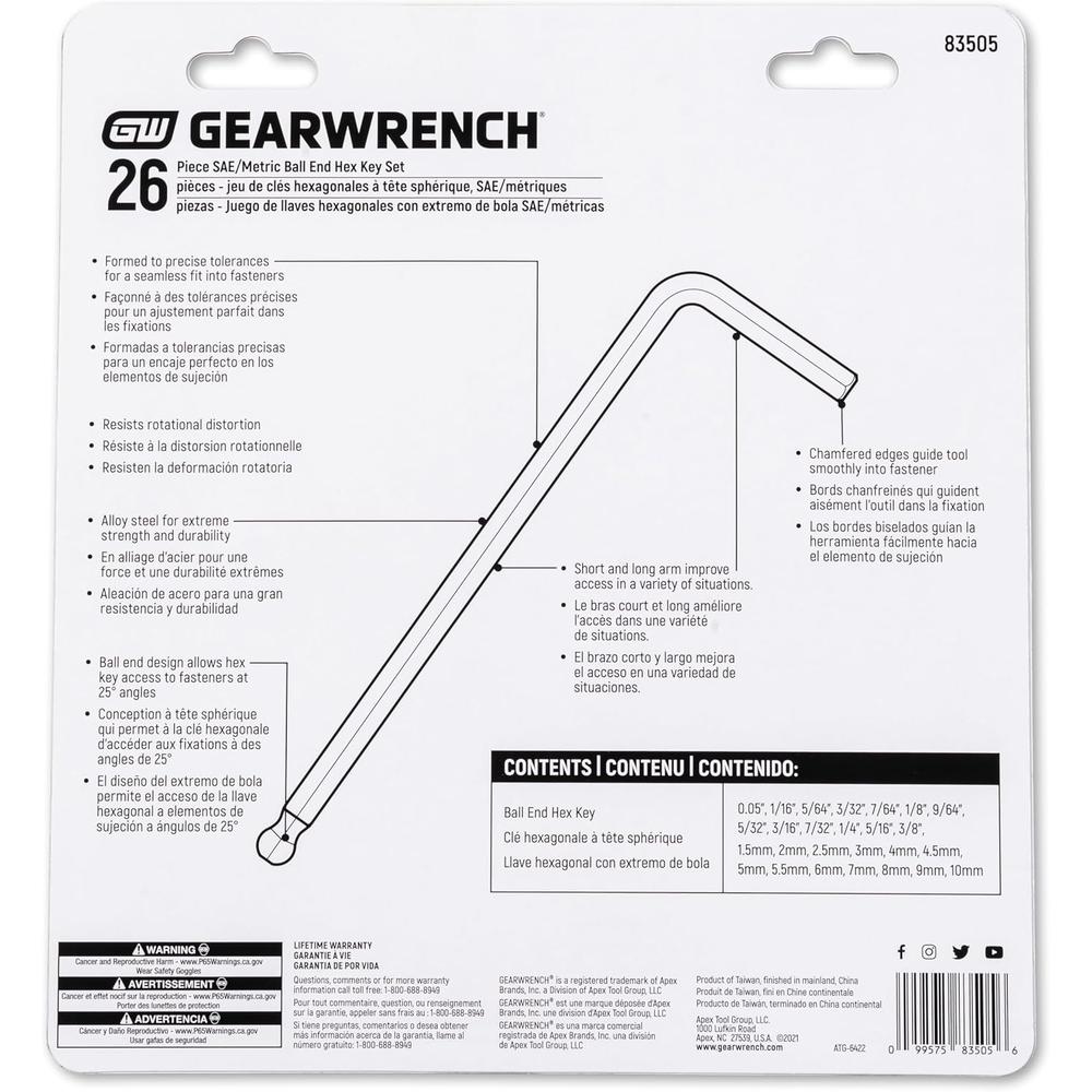 GearWrench 83505 26-Piece SAE/Metric Ball End Long Arm Hex Key Set