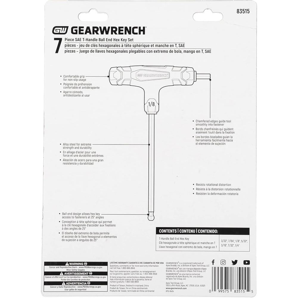GearWrench 83515 7 Piece SAE T-Handle Ball End Hex Key Set