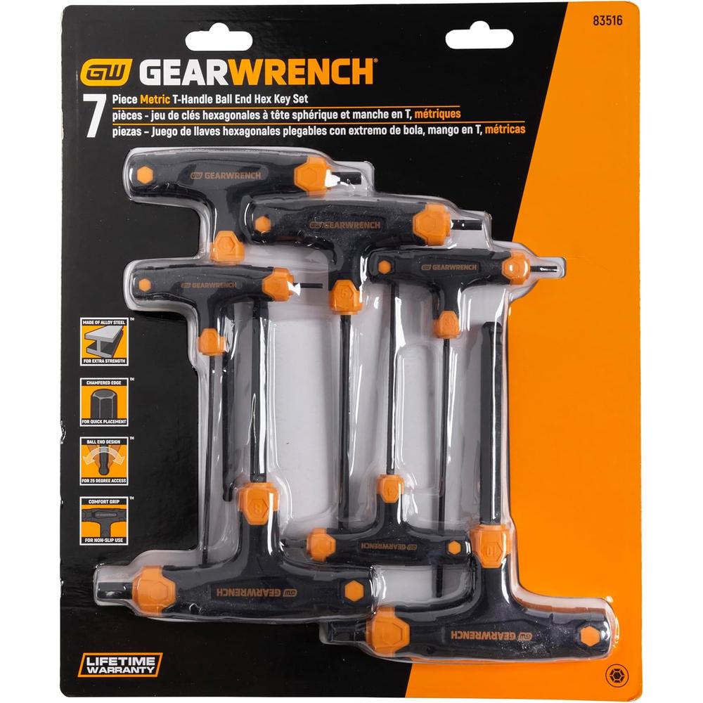 GearWrench 83516 7-Piece Metric T-Handle Ball End Hex Key Set