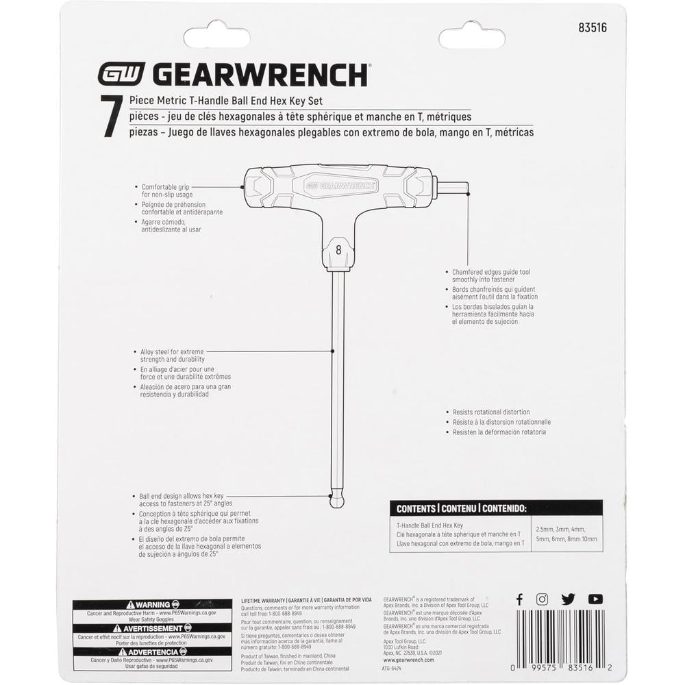 GearWrench 83516 7-Piece Metric T-Handle Ball End Hex Key Set