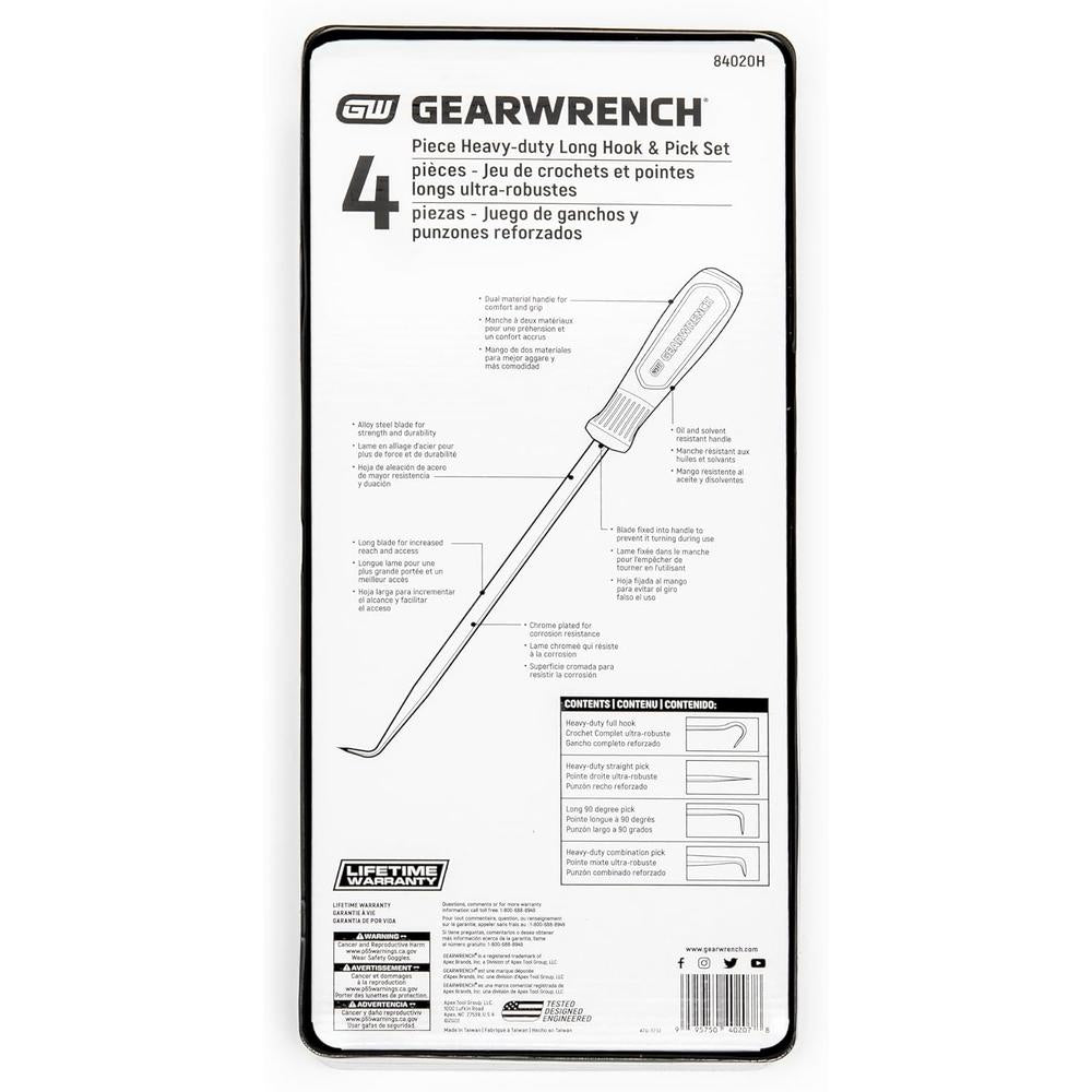 GearWrench 84020H 4pc Heavy-Duty Long Hook & Pick Set