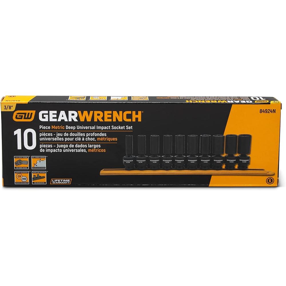 GearWrench 84924N 10 Pc. 3/8 Inch Drive 6 Pt. Deep Universal Impact Socket Set, Metric