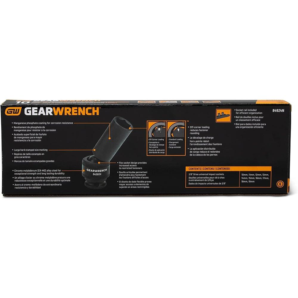 GearWrench 84924N 10 Pc. 3/8 Inch Drive 6 Pt. Deep Universal Impact Socket Set, Metric