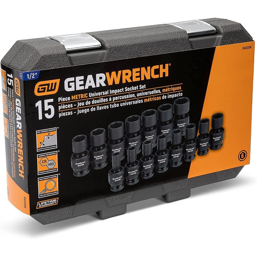GearWrench 84939N 1/2-Inch 6 Point Metric Universal Impact Socket Set (15 Piece)