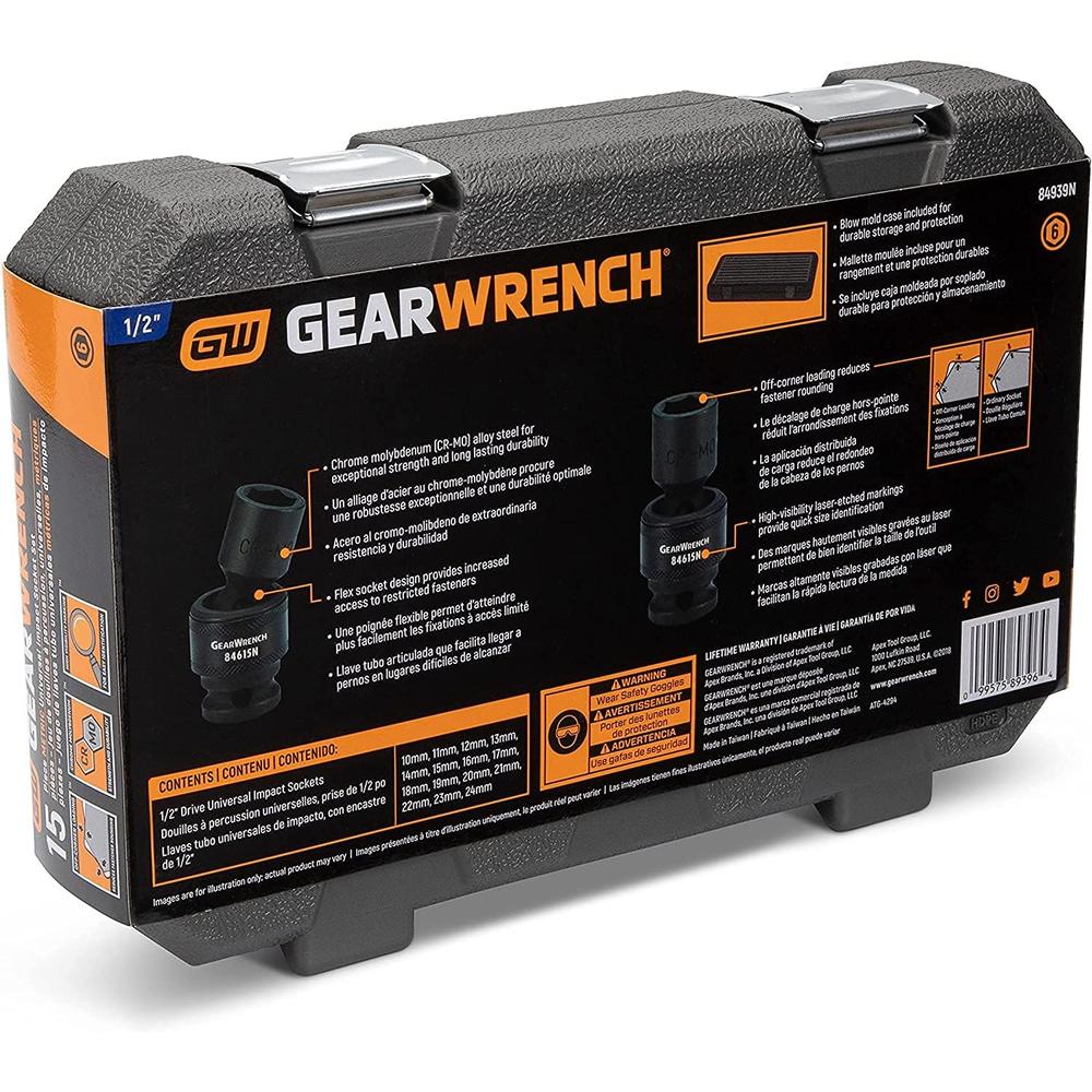 GearWrench 84939N 1/2-Inch 6 Point Metric Universal Impact Socket Set (15 Piece)