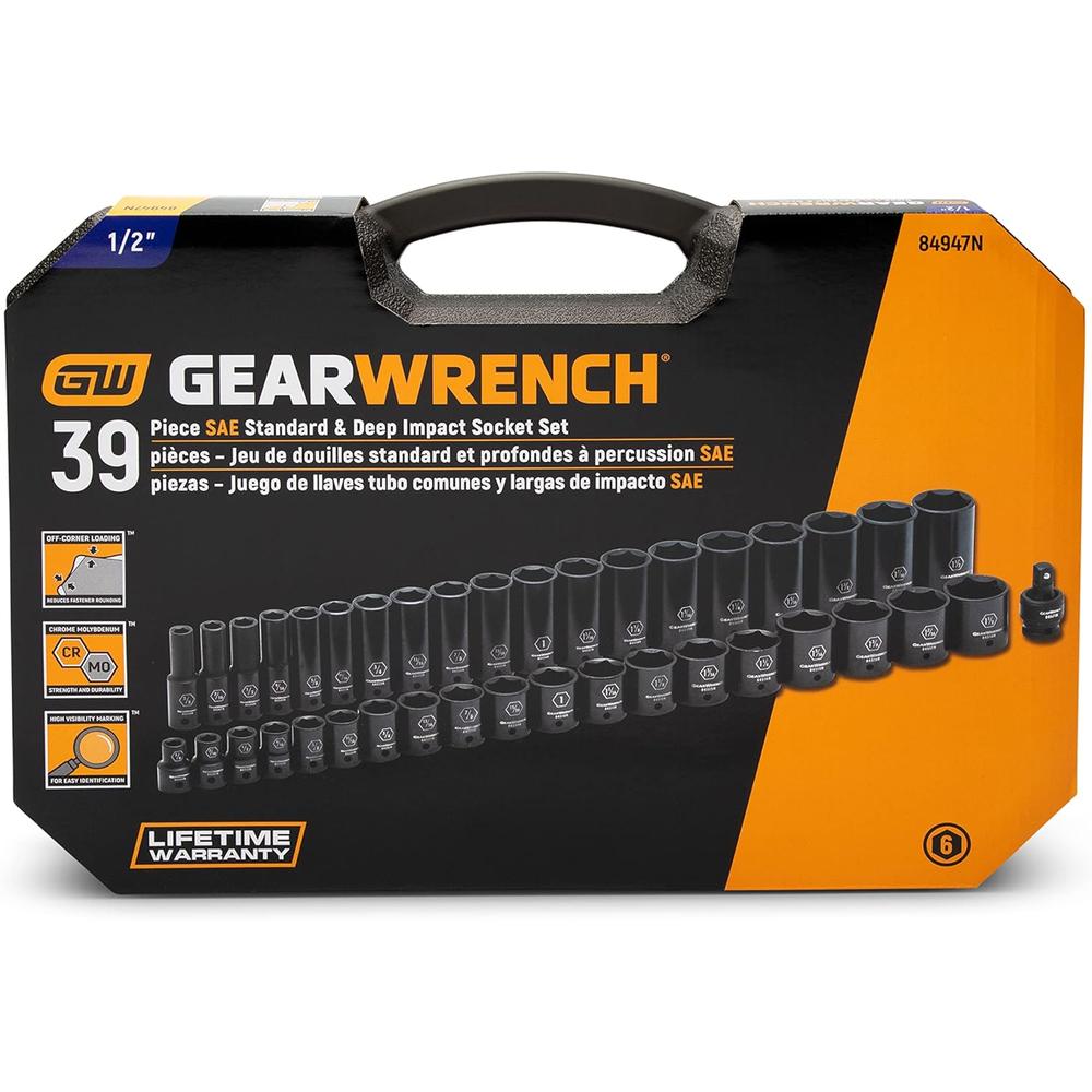 GearWrench 84947N 39pc 1/2" Drive 6 Point Standard & Deep Impact SAE Socket Set