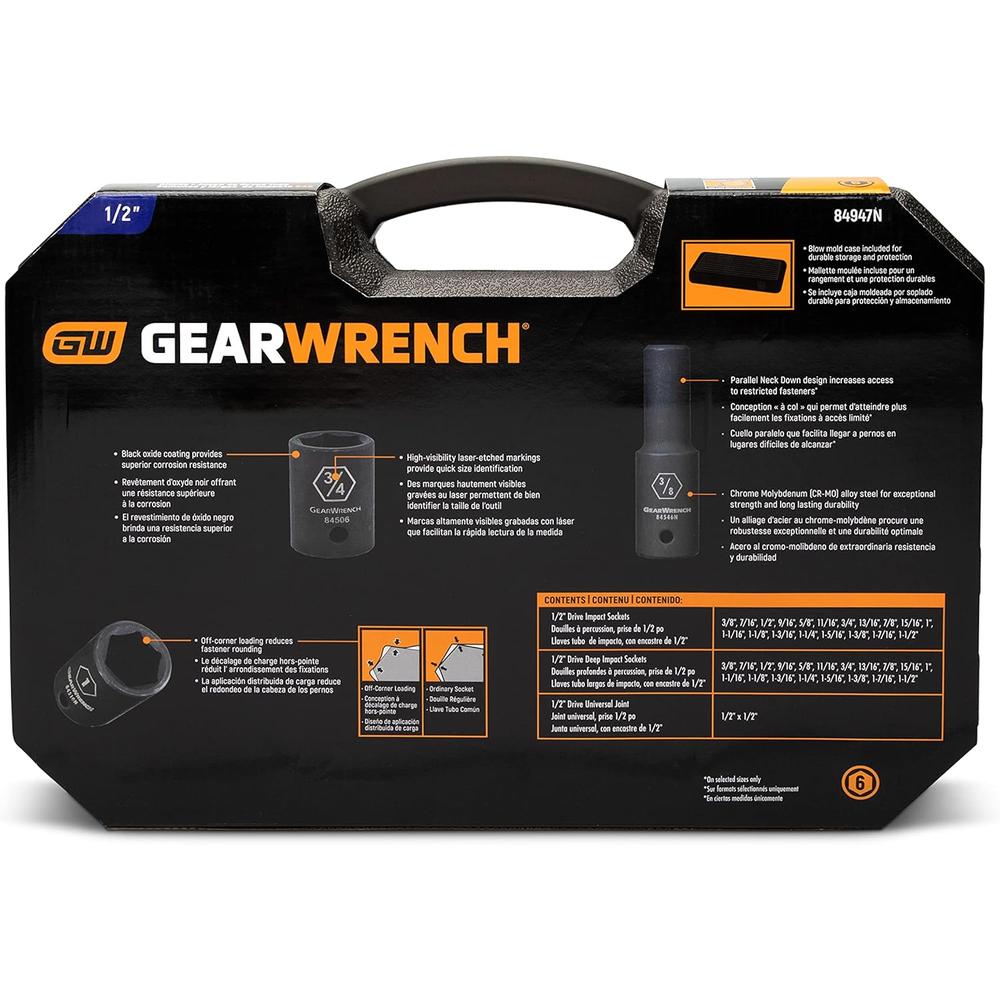 GearWrench 84947N 39pc 1/2" Drive 6 Point Standard & Deep Impact SAE Socket Set