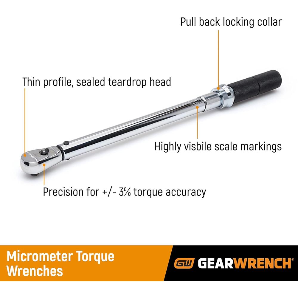 GearWrench 85062M 3/8" Drive Micrometer Torque Wrench, 10-100 ft/lbs