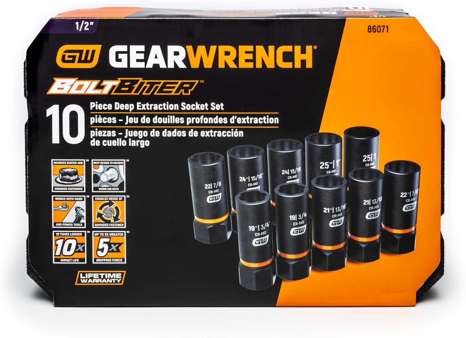 GearWrench 86071 10-Piece 1/2" Drive Bolt Biter Deep Extraction Socket Set