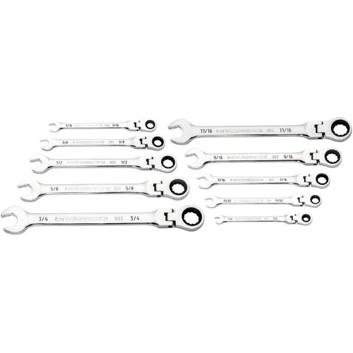 GearWrench 86758 10-Piece 90-Tooth 12-Point SAE Flex Head Ratcheting Combination Wrench Set