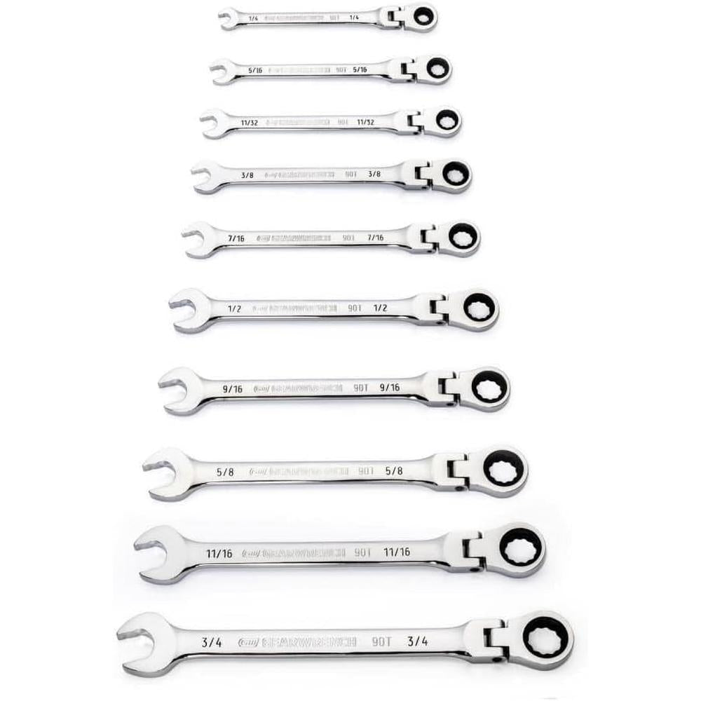 GearWrench 86758 10-Piece 90-Tooth 12-Point SAE Flex Head Ratcheting Combination Wrench Set