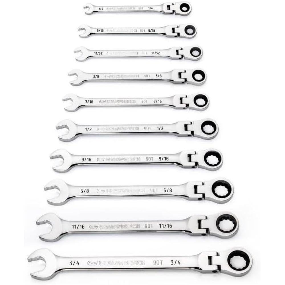 GearWrench 86758 10-Piece 90-Tooth 12-Point SAE Flex Head Ratcheting Combination Wrench Set