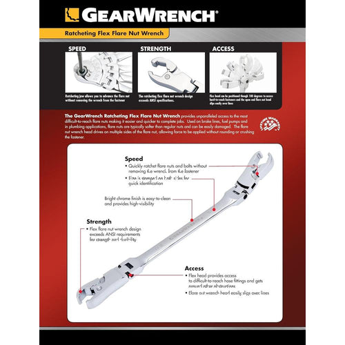 GearWrench 89102 9mm x 11mm Ratcheting Flex Head Flare Nut Wrench