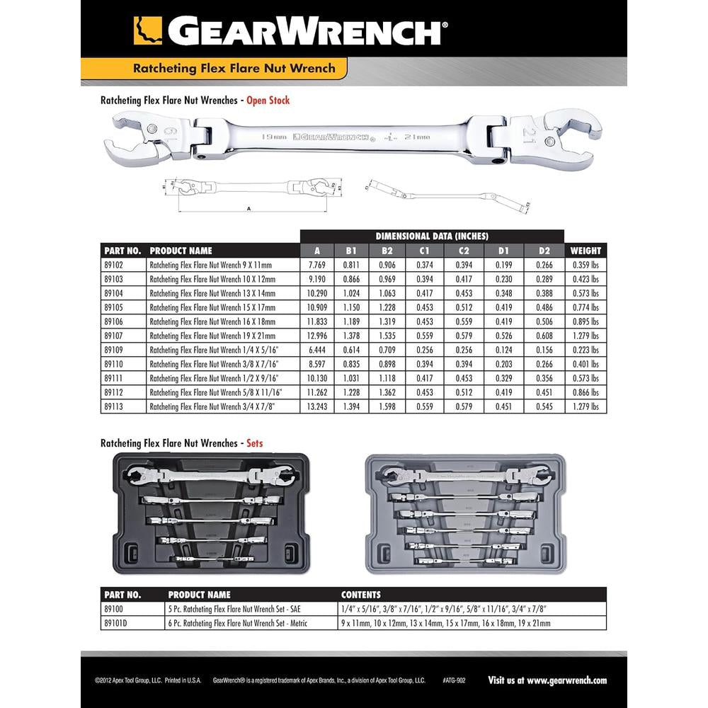 GearWrench 89102 9mm x 11mm Ratcheting Flex Head Flare Nut Wrench